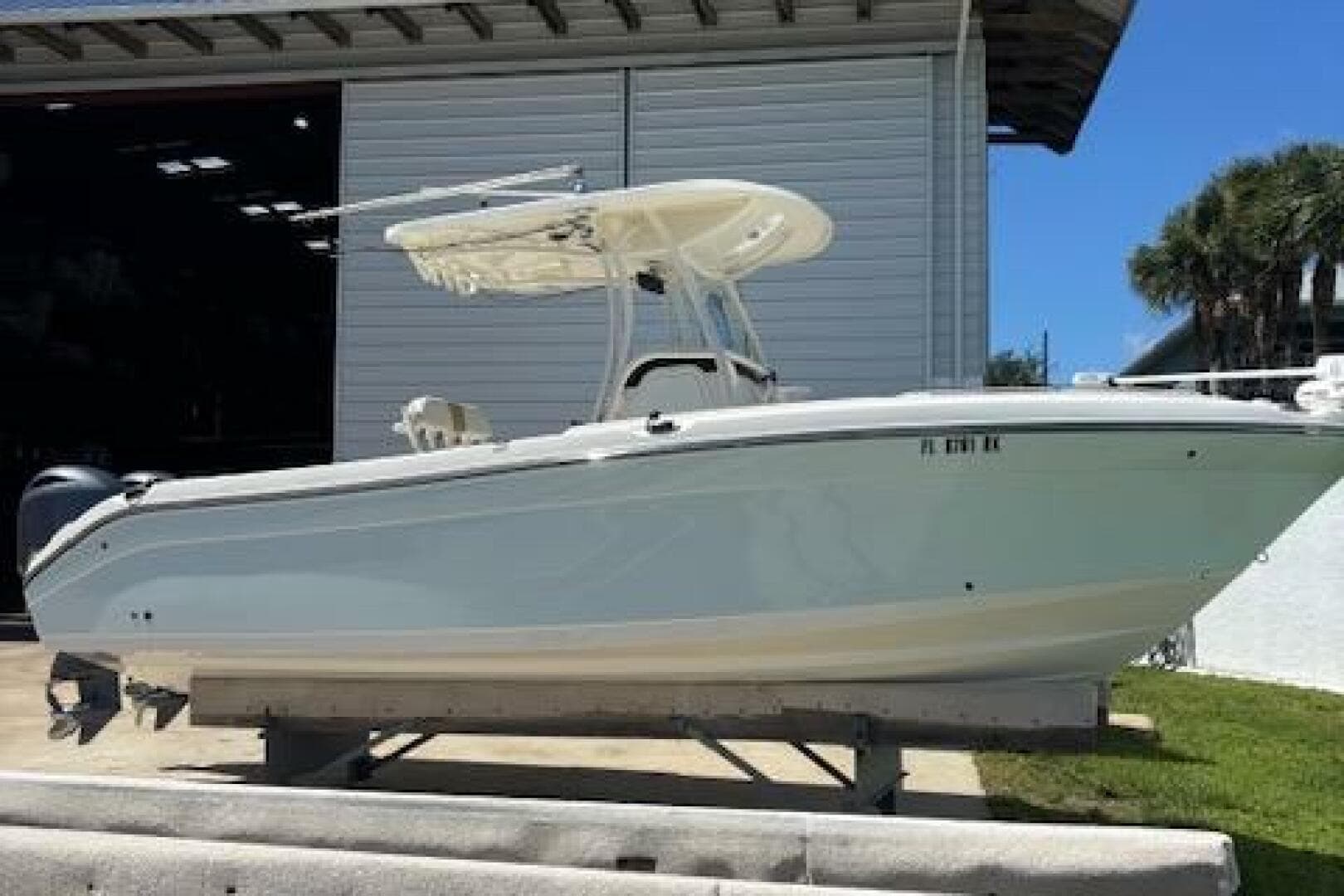 2018 Century 2600 Center Console boat on display outside a storage facility.