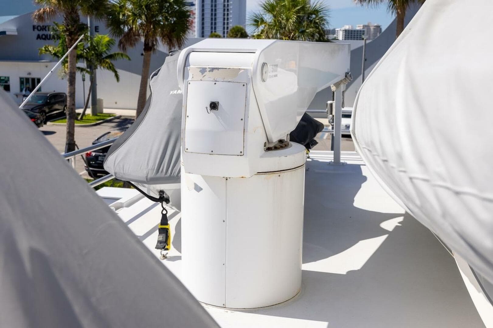 Rooftop view of a 1996 ABD 90 Explorer yacht with covered equipment.