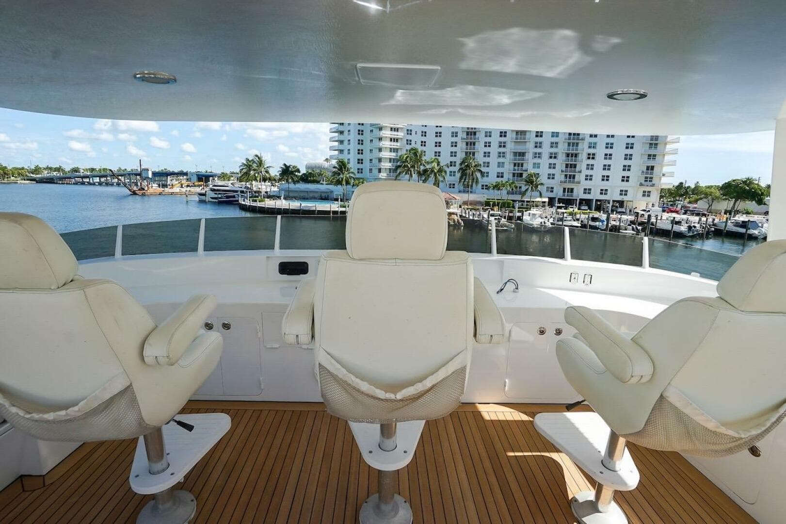 Luxury yacht helm with waterfront view, ABD 90 Explorer, 1996 model.