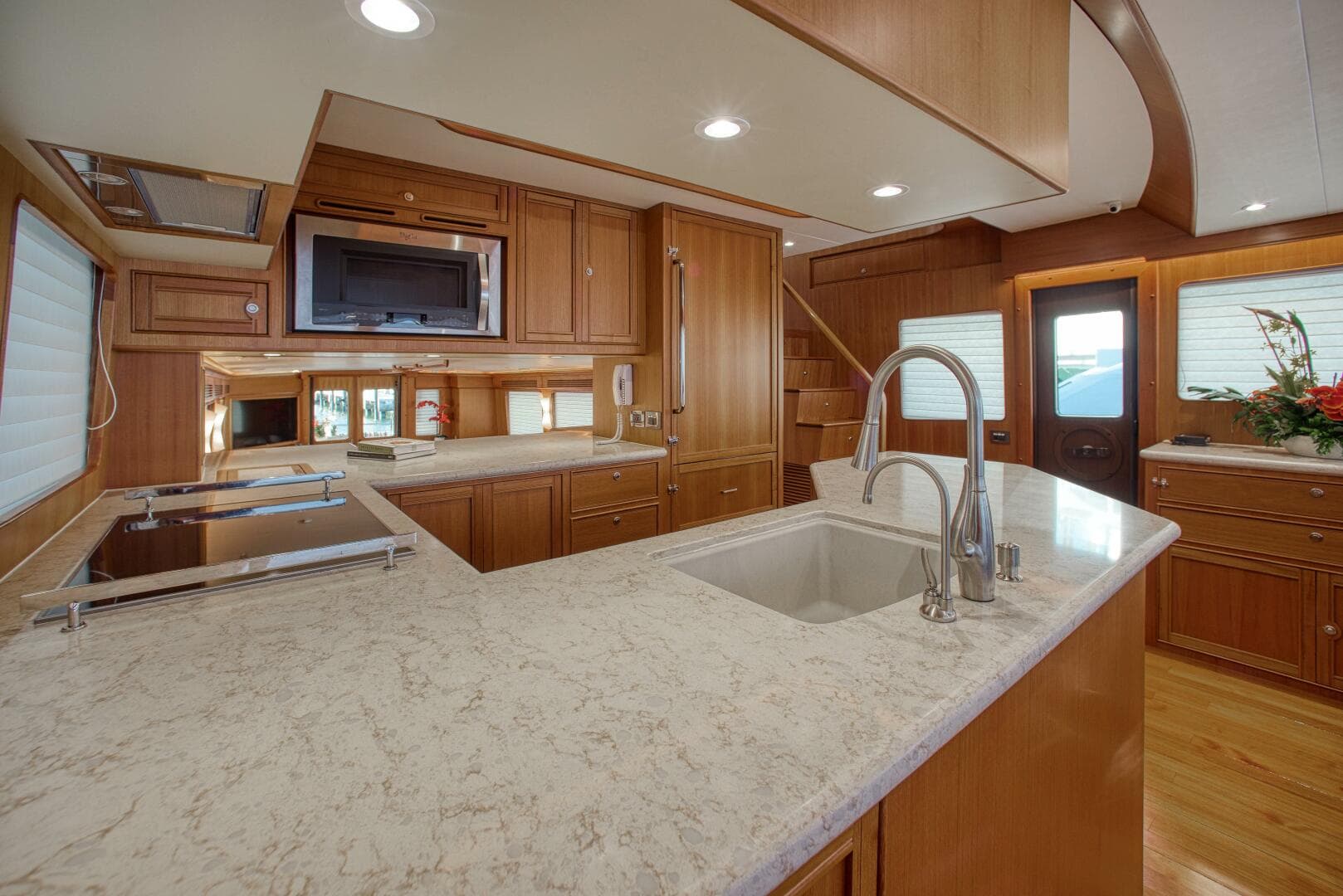 Galley Looking Aft, Induction Cooktop, Large Sink, Convection Microwave