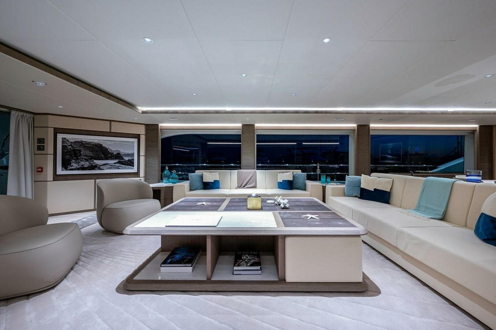 Luxurious interior of 2020 Majesty 140 yacht with elegant seating and modern decor.