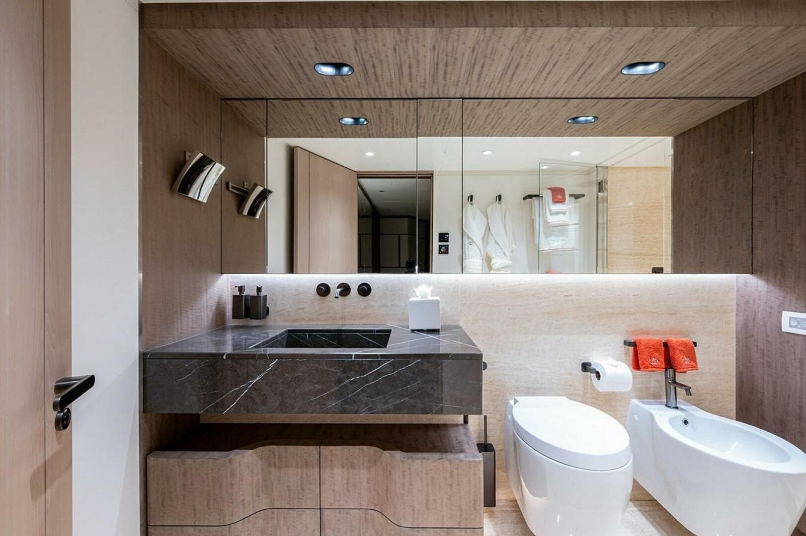 Luxurious bathroom on 2020 Majesty 140 yacht with modern fixtures and elegant design.