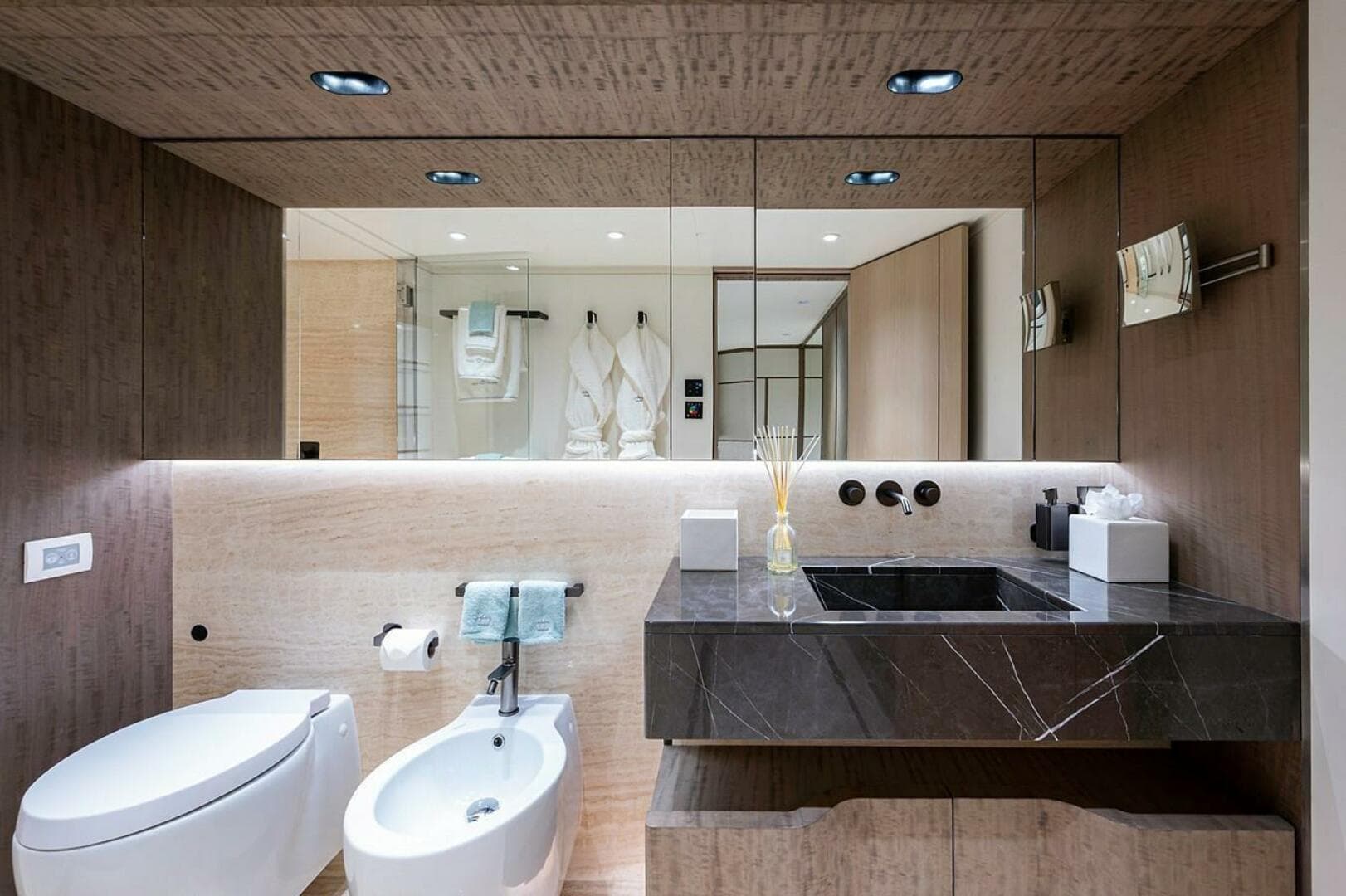 Luxurious 2020 Majesty 140 yacht bathroom with modern fixtures and elegant design.