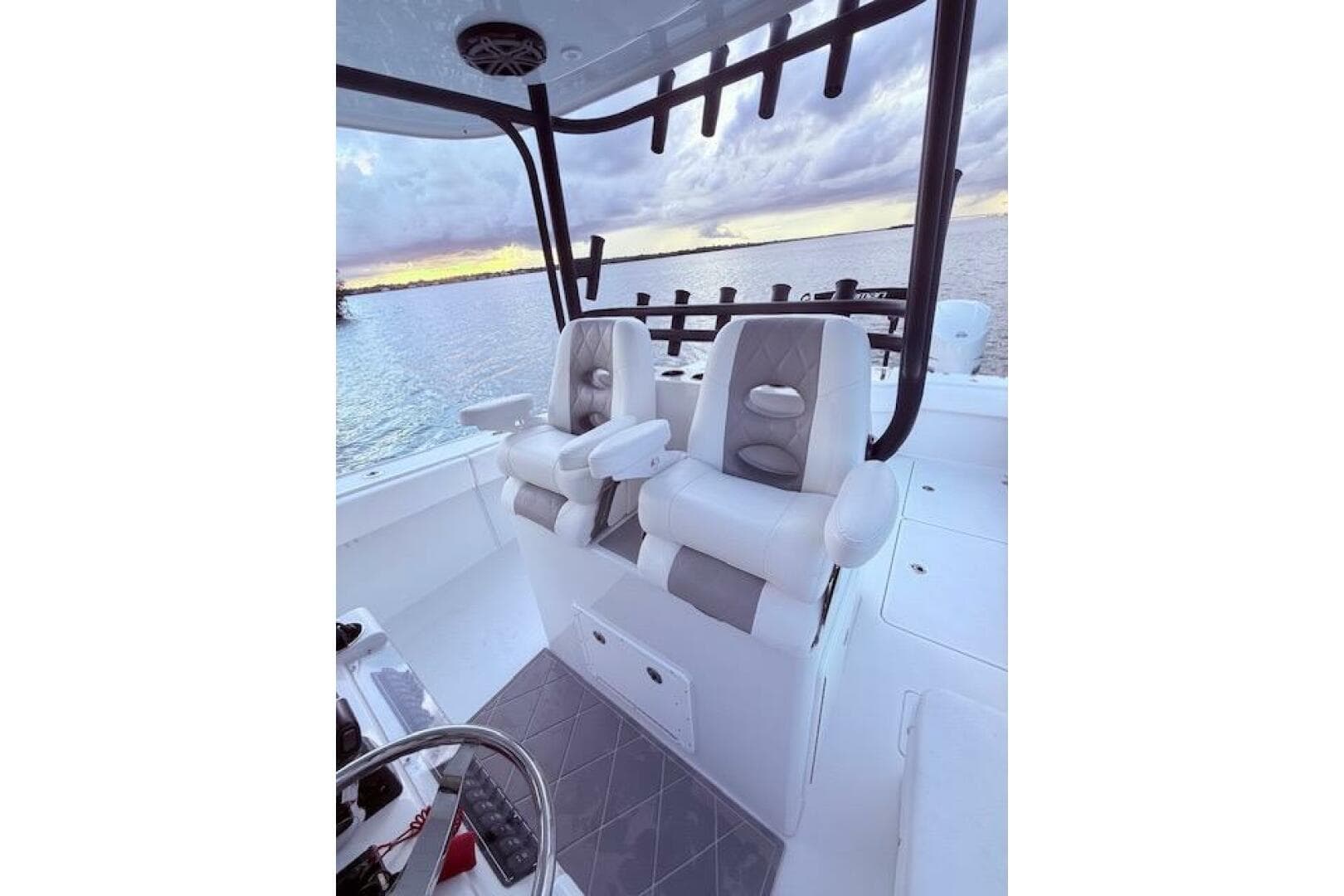 2019 Freeman 34 boat interior with luxury seating and ocean view.