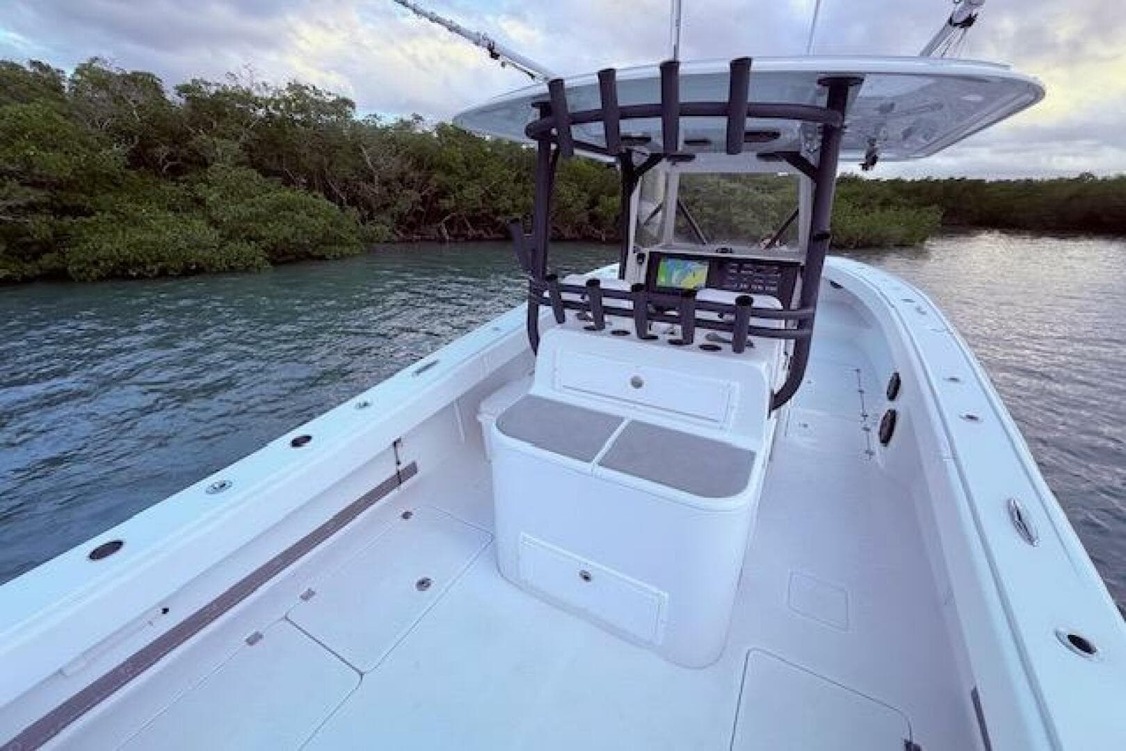 2019 Freeman 34 boat on calm water near lush green mangroves.