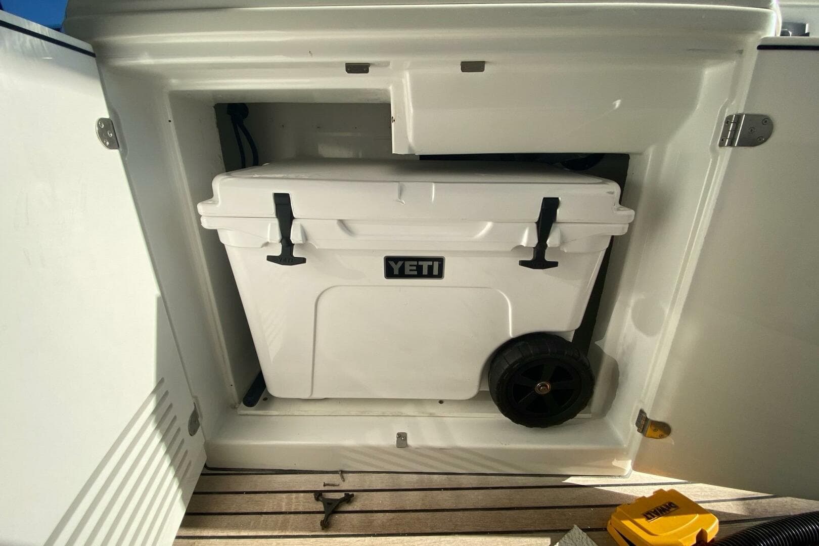 YETI cooler stored in a Beneteau Gran Turismo 44 yacht compartment, 2014 model.