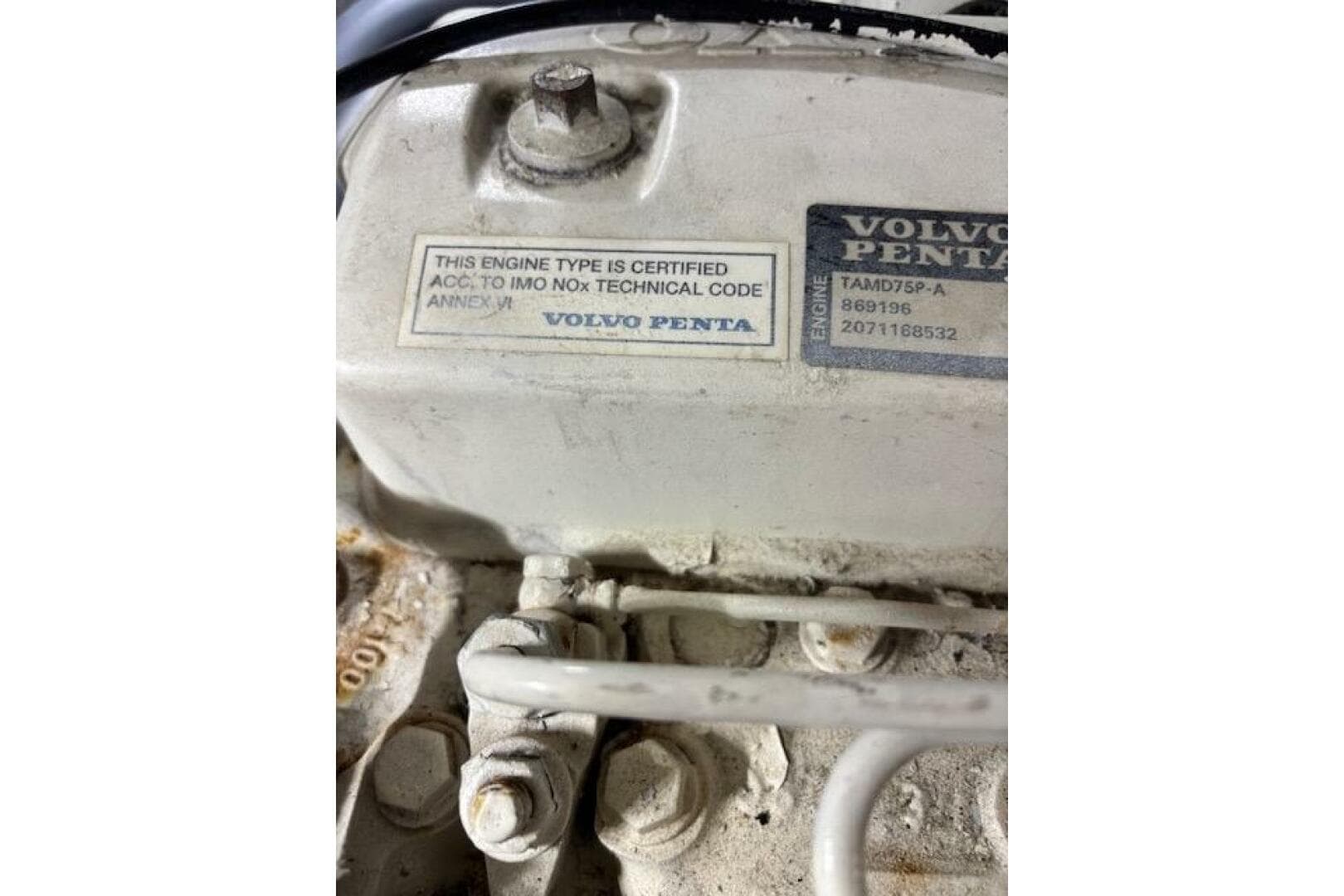 Close-up of Volvo Penta engine label on 2004 Carver 466 Motor Yacht.