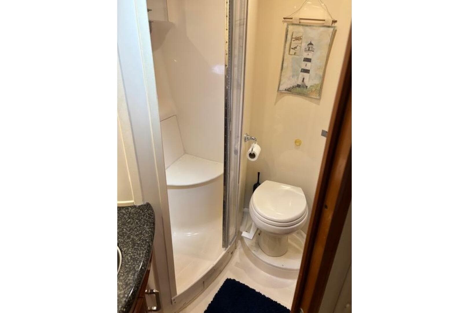 Bathroom interior of 2004 Carver 466 Motor Yacht with shower and toilet.