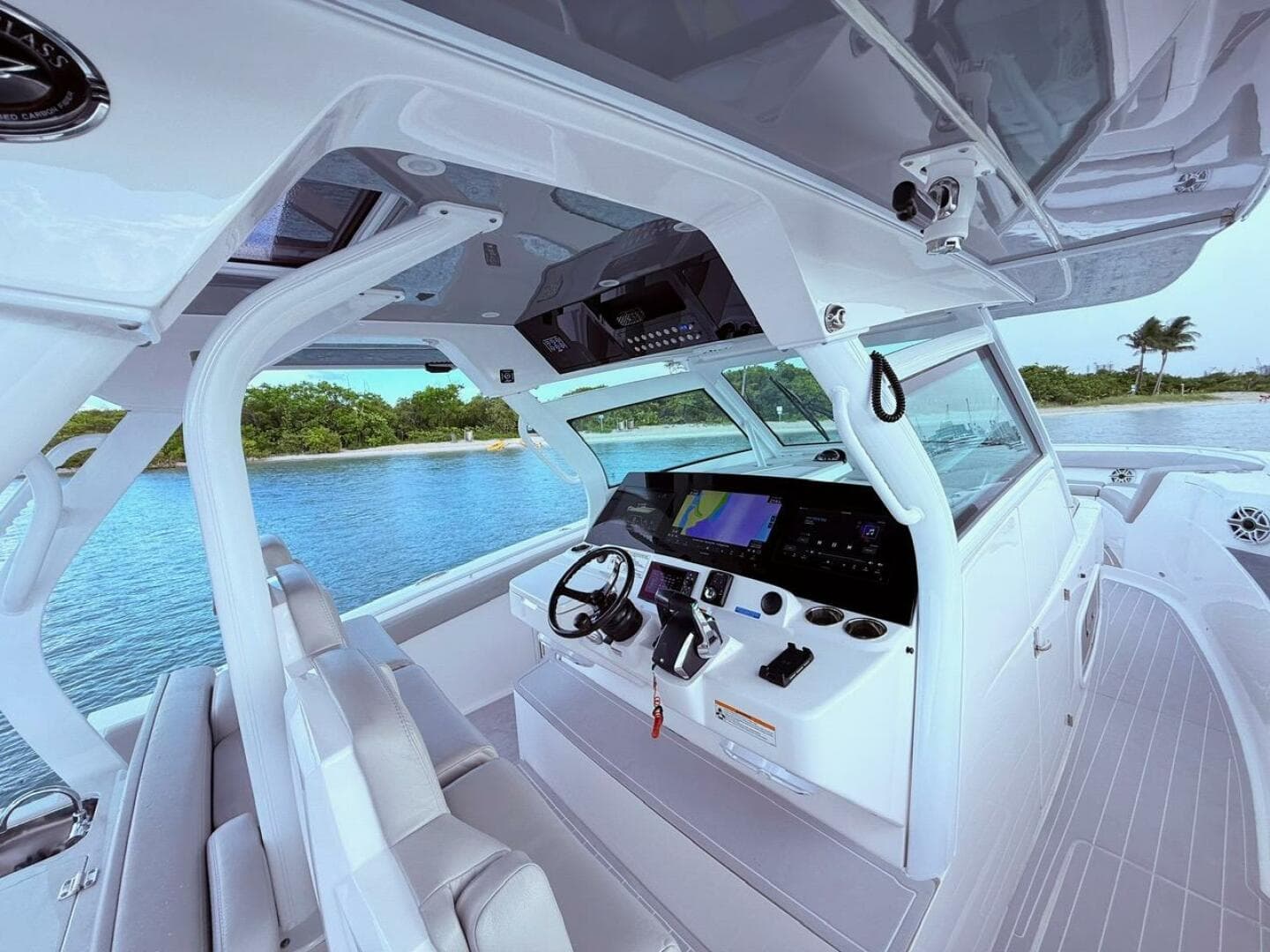 2024 Scout 400 LXF boat interior with advanced navigation system and luxurious seating.