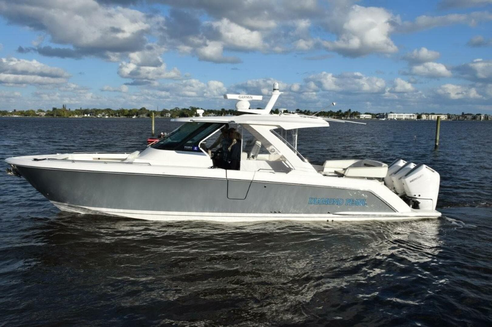 FLIR Camera Mounted On Top Of Mast And Easily Operated Through The Garmin Display. LED Remote Control Spotlight Forward On Hardtop