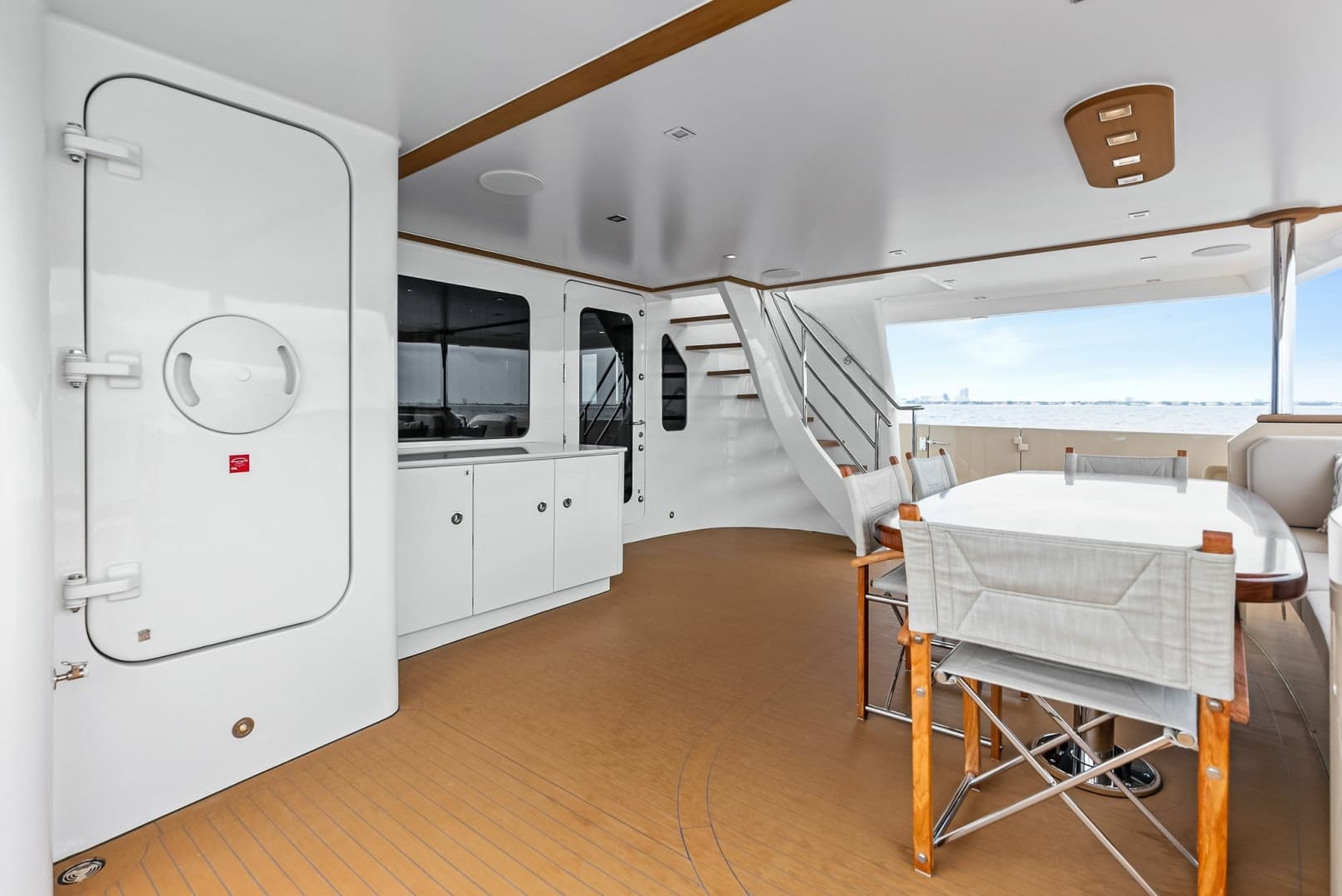 Aft deck, salon entry, stairs to aftedeck, Fiddley door to engine room 