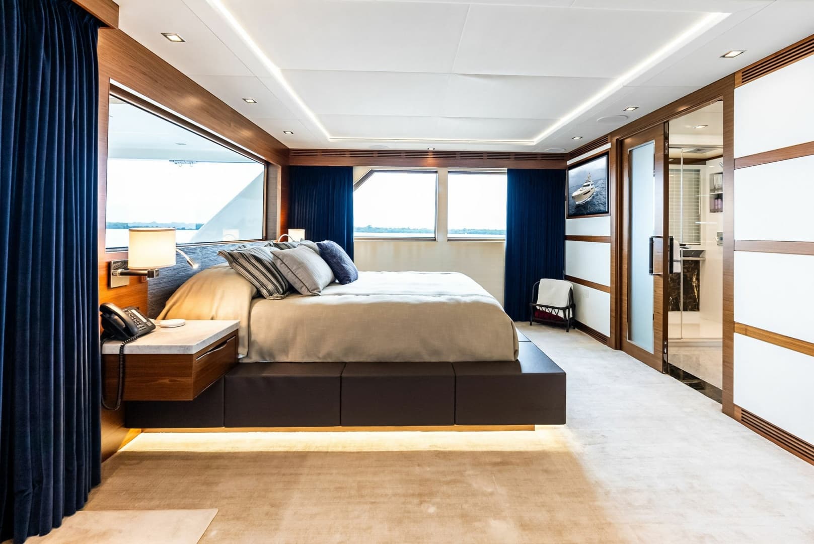 Master Stateroom, view to portside, note blackout curtains