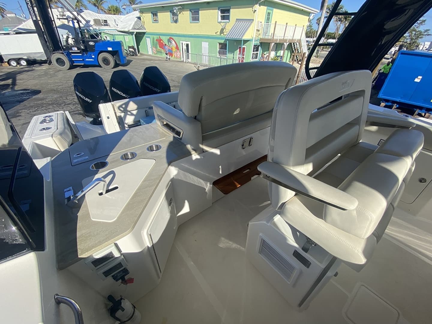 2023 Boston Whaler 350 Realm interior with luxurious seating and modern amenities.