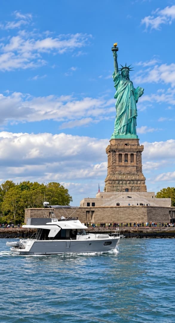 Beneteau Swift Trawler 35 cruising near the Statue of Liberty