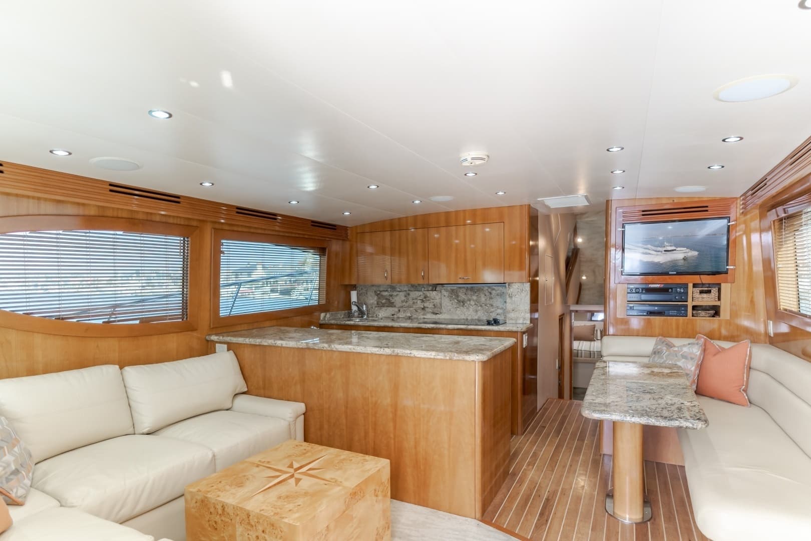 2003 Hatteras 54 Convertible - "BRAINWAVE": Spacious Salon with Galley View