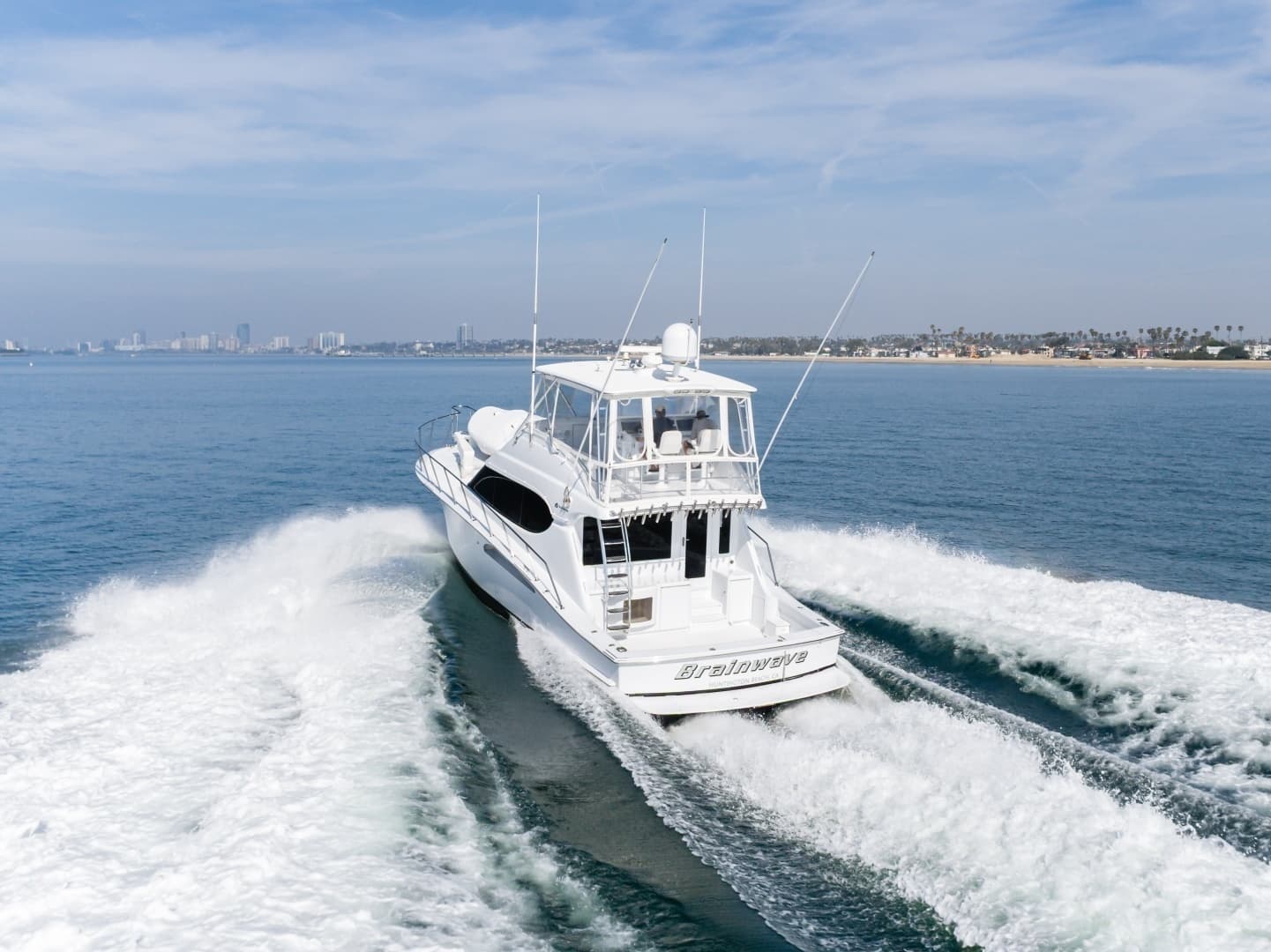 2003 Hatteras 54 Convertible - "BRAINWAVE": Aerial View of Stern Underway