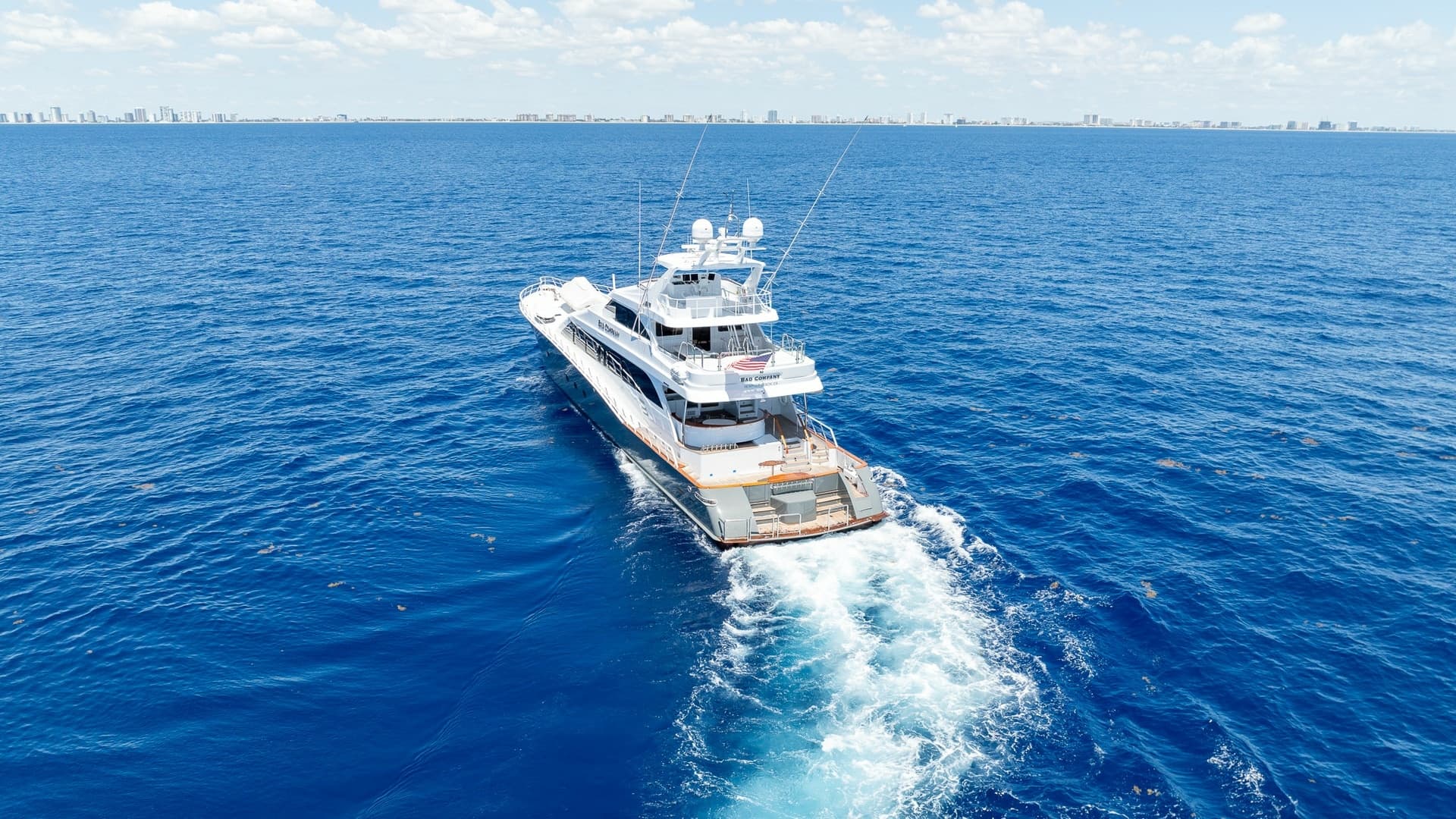 1998 Trinity Yachts Sport Fisherman - BAD COMPANY: Aerial View of Aft and Wake