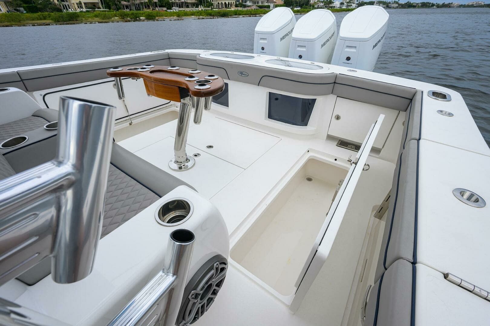 Starboard View of Cockpit & Triple Mercury Verado Engines